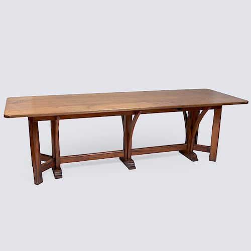 British Arts and Crafts Pine and Oak Trestle Table