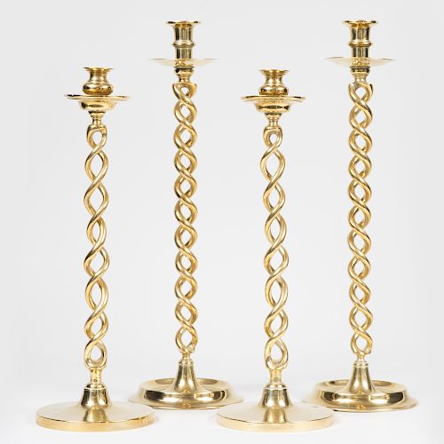 Two Pairs of Brass Candlesticks with Twisted Stems