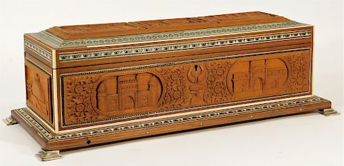 Anglo-Indian Bone Inlaid Wood Scroll Document Box