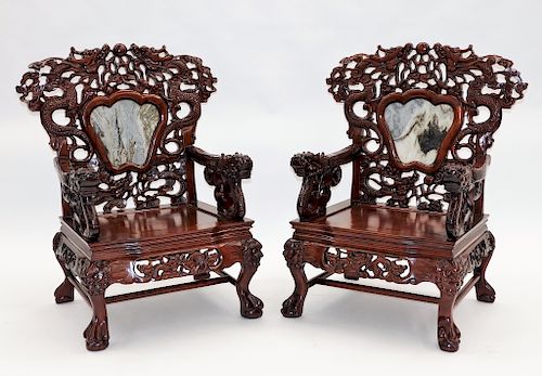 PR Chinese Carved Hardwood Marble Mountain Chairs