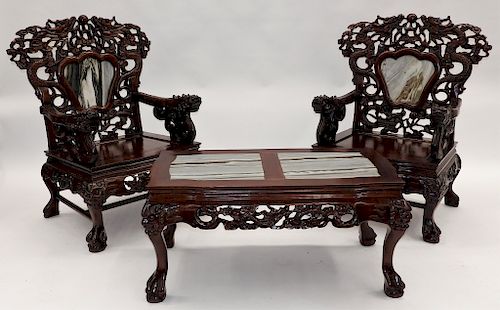 PR Chinese Carved Hardwood Marble Chairs & Table