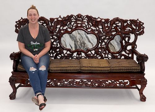 Chinese Carved Hardwood Marble Mountain Sofa