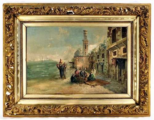 19C French Orientalist Coastal Market O/C Painting