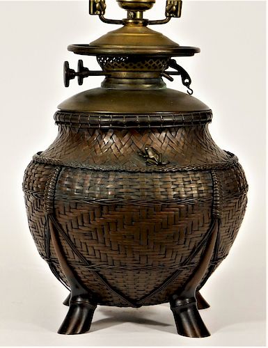 19C Japanese Ikebana Woven Bronze Basket Lamp