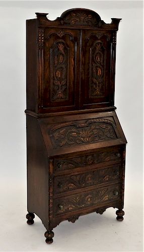 English Tudor Style Carved Oak Secretary