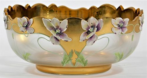 Moser Gilt & Raised Enamel Pansy Art Glass Bowl