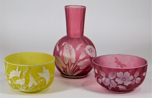 3 Victorian Enameled Satin Glass Vase Bowl Group