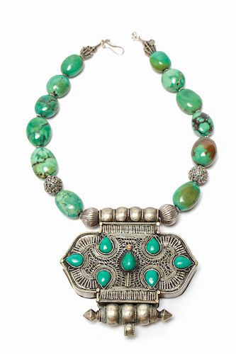 Tibetan Turquoise & Silver-Metal Pendant Necklace