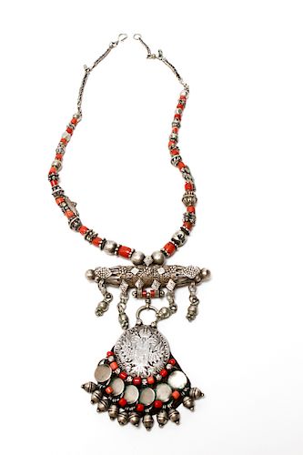 Yemen Tribal Silver & Red Coral Pendant Necklace