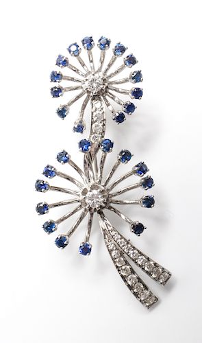 14K White Gold, Diamonds & Sapphires Floral Brooch