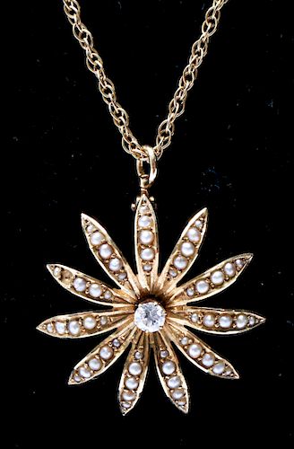 14K Gold Diamond & Pearls Floral Pendant Necklace