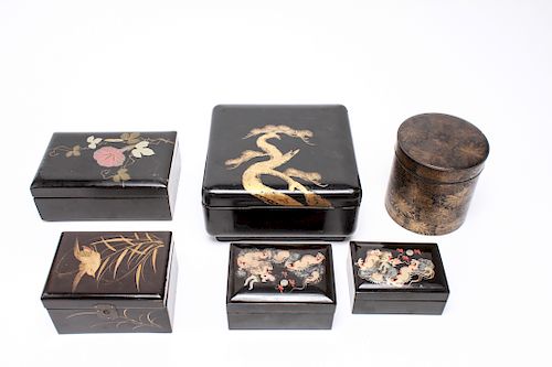 Asian Manner Lacquered Wood Boxes w Gilt Motifs, 6
