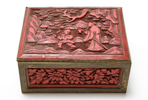 Chinese Bronze and Cinnabar Carved Trinket Box