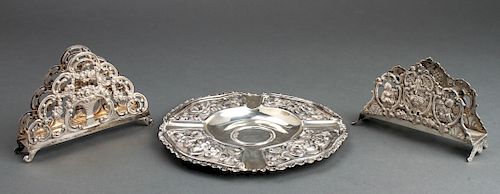Silver Repousse Plate & 2 Silver Napkin Holders, 3