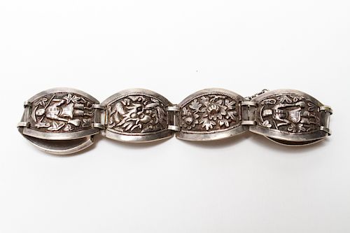 Southeast Asian Silver Bas-Relief Linked Bracelet