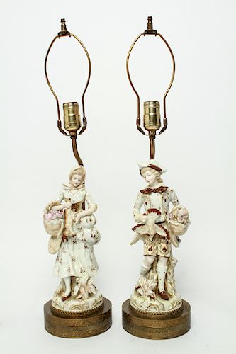 Meissen Manner Figural Porcelain Table Lamps, Pair