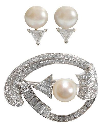Diamond, Pearl Brooch, Earrings