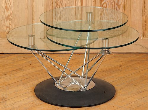 UNUSUAL GLASS AND CHROME COFFEE TABLE