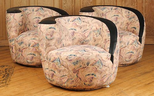LOT 3 UPHOLSTERED SWIVEL CHAIRS & OTTOMAN C.1980