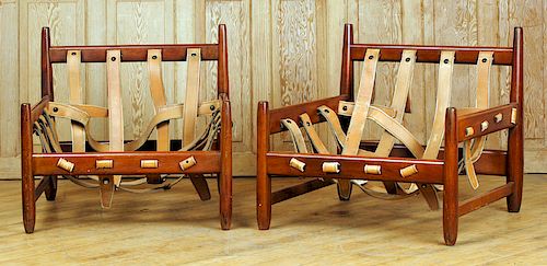 PAIR BRAZILIAN WOOD LEATHER ARM CHAIRS