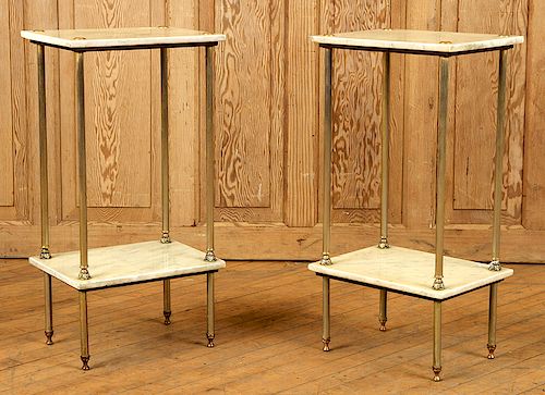 PAIR WHITE MARBLE BRASS TWO TIER SIDE STANDS