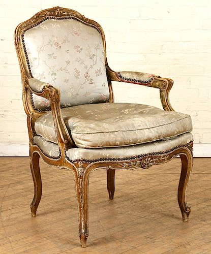 FRENCH GILT WOOD CARVED OPEN ARM CHAIR C.1900