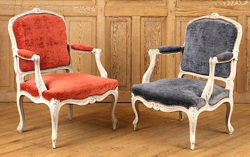 PAIR CARVED FRENCH PAINTED OPEN ARM CHAIRS C.1940