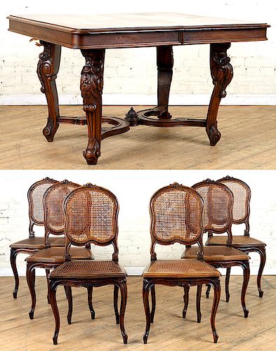 WALNUT LOUIS XV STYLE DINING TABLE & 6 CHAIRS