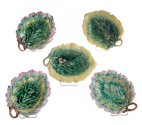 Five Majolica Leaf-Form Platters