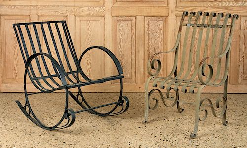 ONE PAINTED IRON STRAP CHAIR & ONE ROCKING CHAIR