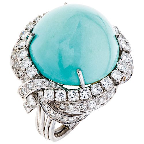 A turquoise and diamond 14K white gold ring.