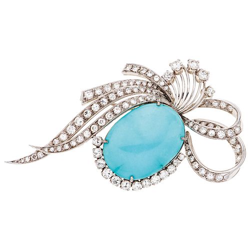 A turquoise and diamond 14K white gold brooch.