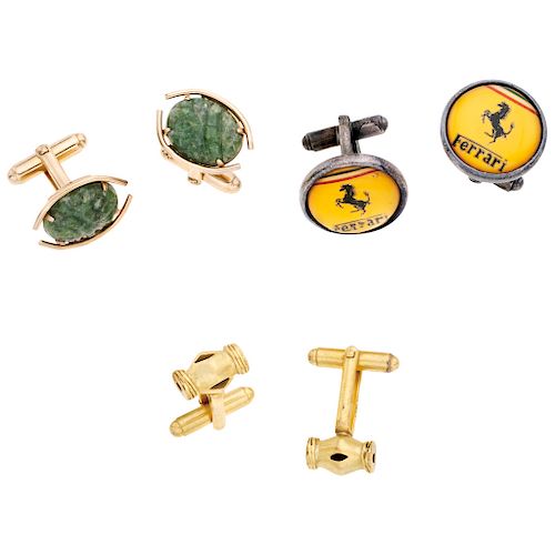 Three nephrite jade and acrylic sterling silver, gold plate and base metal pairs of cufflinks.