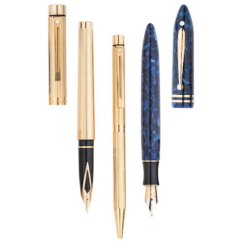 SHEAFFER cellulose and base metal fountain pen and rollerball and fountain pen set.