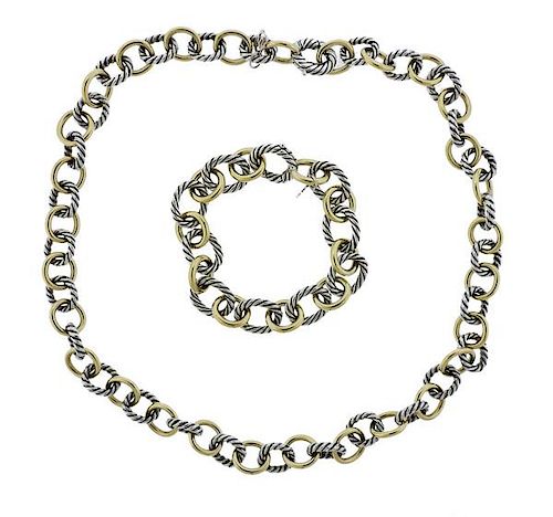 David Yurman Silver Bonded Gold Bracelet Necklace Set 