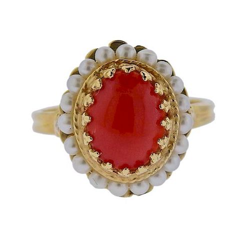 14k Gold Pearl Coral Ring 