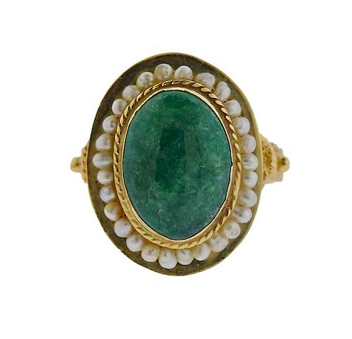 14k Gold Green Stone Pearl Ring 