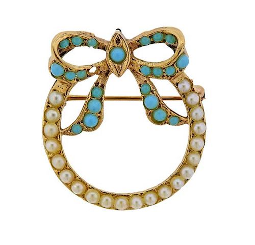 Antique 14K Gold Turquoise Pearl Brooch Pendant
