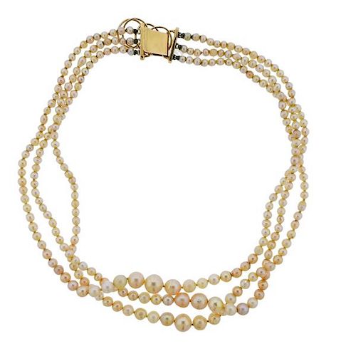 18k Gold Pearl Multi Strand Necklace 