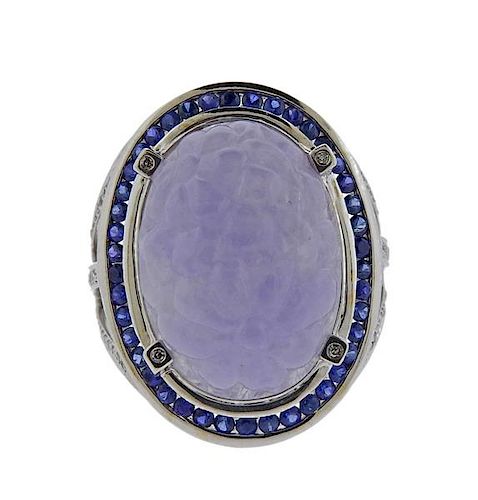 14k Gold Lavender Carved Jade Diamond Sapphire Ring 