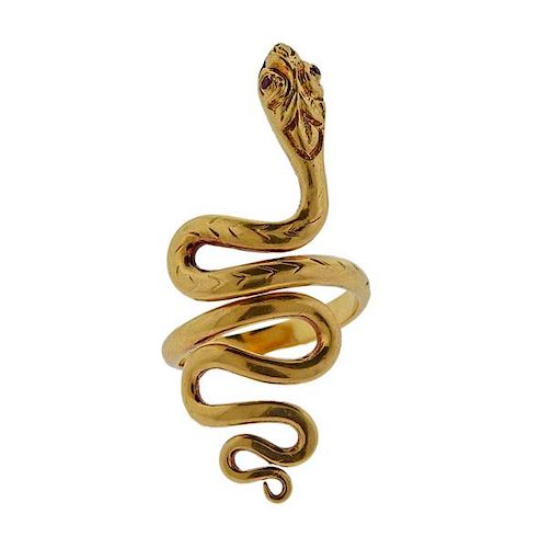 Greek 18K Gold Red Stone Snake Ring
