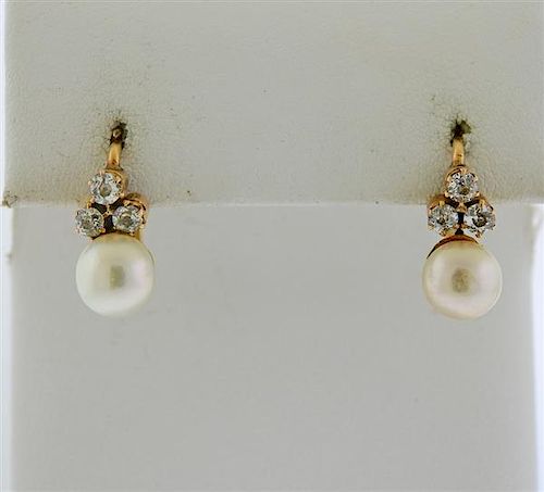 Antique 14k Gold Pearl Diamond Earrings 