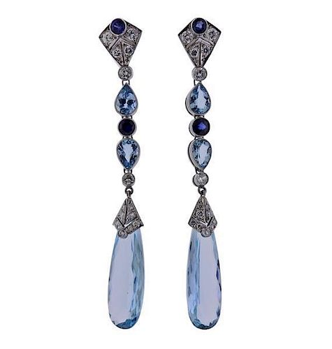 Platinum Aquamarine Diamond Sapphire Drop Earrings