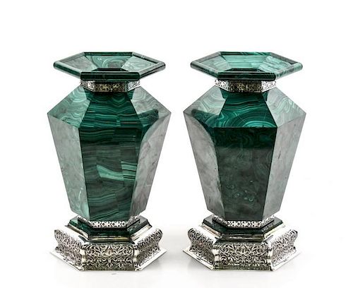 Pair of Malachite & Sterling Silver Vases