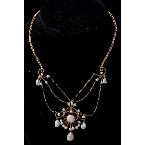 10k Gold Pearl and Diamond Necklace