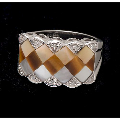 14k White Gold Mother of Pearl and Tiger's Eye Ring