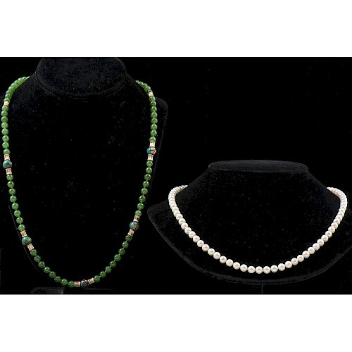 Nephrite Jade and Cultured Pearl Necklaces in 14k Gold