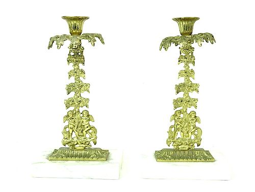(2) Pair of Bronze Cherub Design Candlesticks