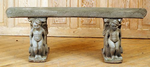 3-PART CAST STONE GARDEN BENCH FIGURAL SUPPORTS