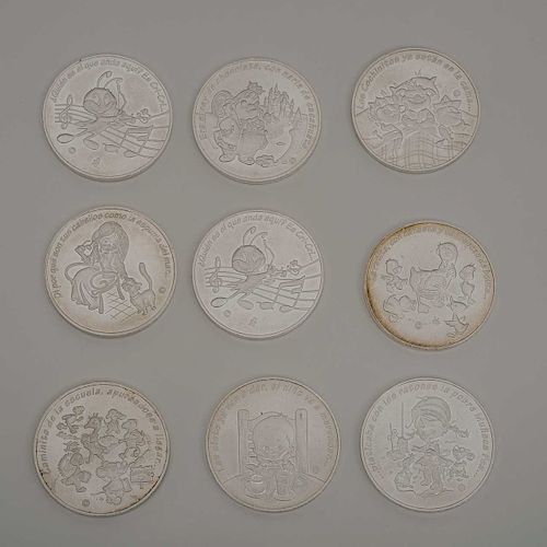 Monedas homenaje a Francisco Gabilondo Soler, "Cri-Cri". México, siglo XX. Elaboradas en plata Ley 0.999. Acabado satín. Piezas: 9